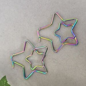 Rainbow Stainless Steel Star In Star Hoop Earrings